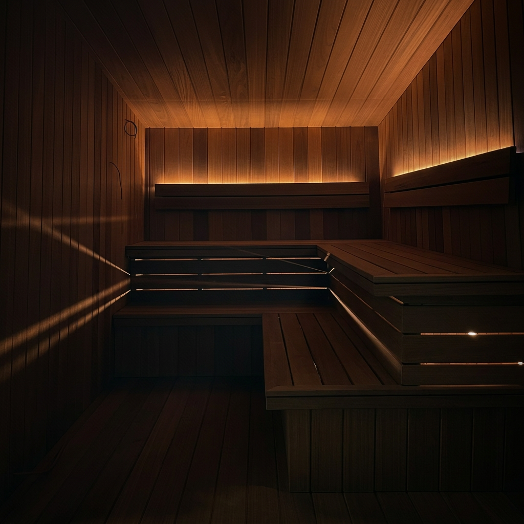 Bare feet resting on wet cedar sauna decking
